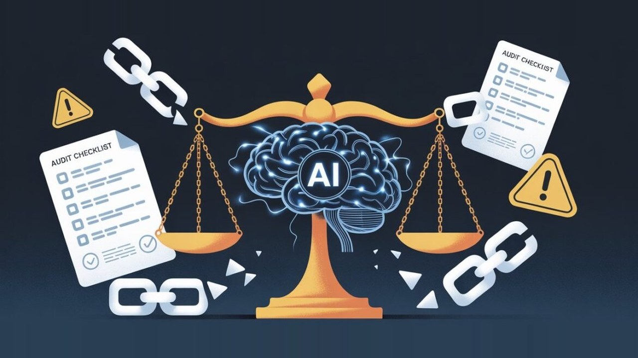 Scales of justice balanced on a glowing brain labelled AI, flanked by audit checklists and links of a chain breaking apart.