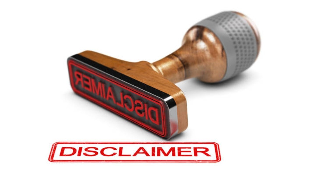 A wooden rubber stamp lying on its side, its face reading DISCLAIMER in mirrored red letters, above the red DISCLAIMER imprint it has left on white paper.