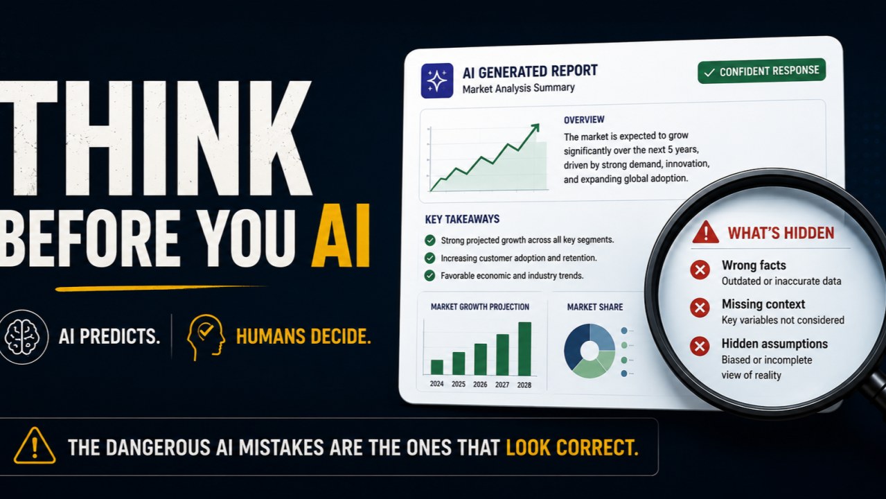 A magnifying glass held over a polished AI-generated market report, revealing the wrong facts, missing context and hidden assumptions underneath it. Captioned: think before you AI. AI predicts, humans decide.