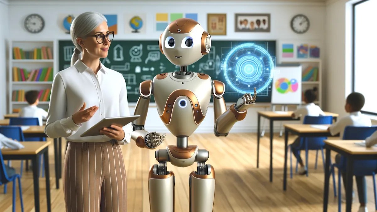 A teacher stands beside a humanoid robot at the front of a classroom, the robot presenting a glowing hologram while children work at desks behind them.