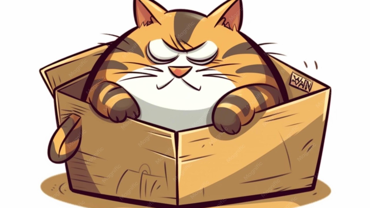A cartoon cat squeezed into a cardboard box slightly too small for it, looking unimpressed.