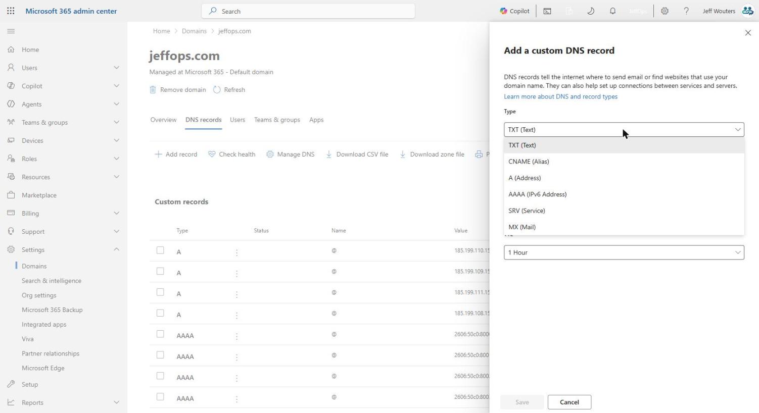 The Microsoft 365 add-record dialog with the Type dropdown open, showing TXT, CNAME, A, AAAA, SRV and MX