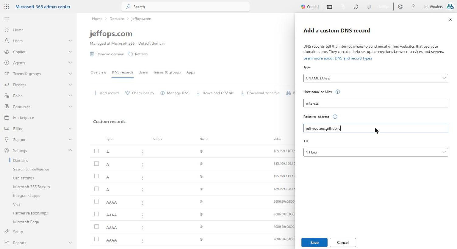Adding a CNAME record named mta-sts pointing at jeffwouters.github.io