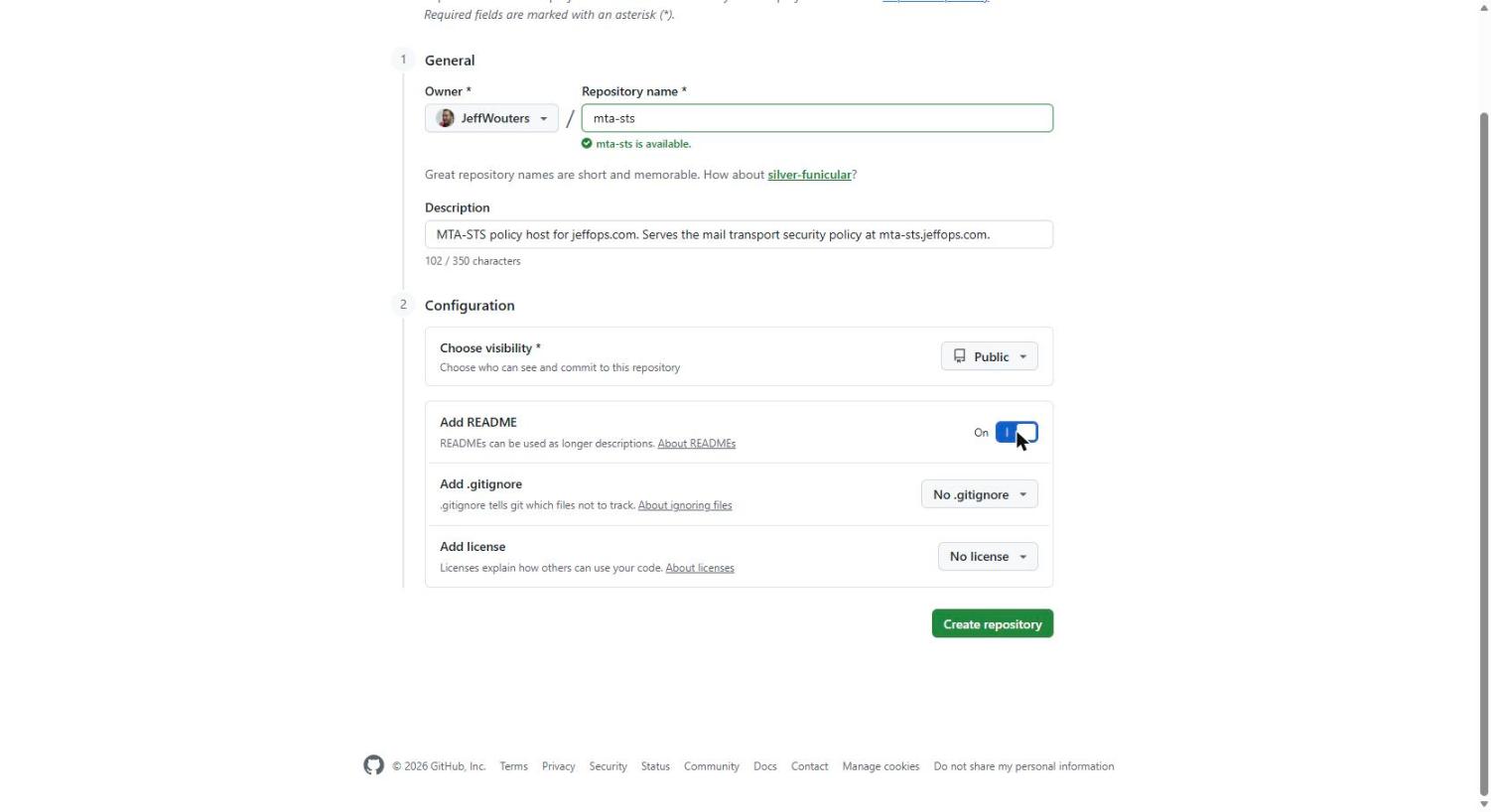 Creating a new public GitHub repository called mta-sts
