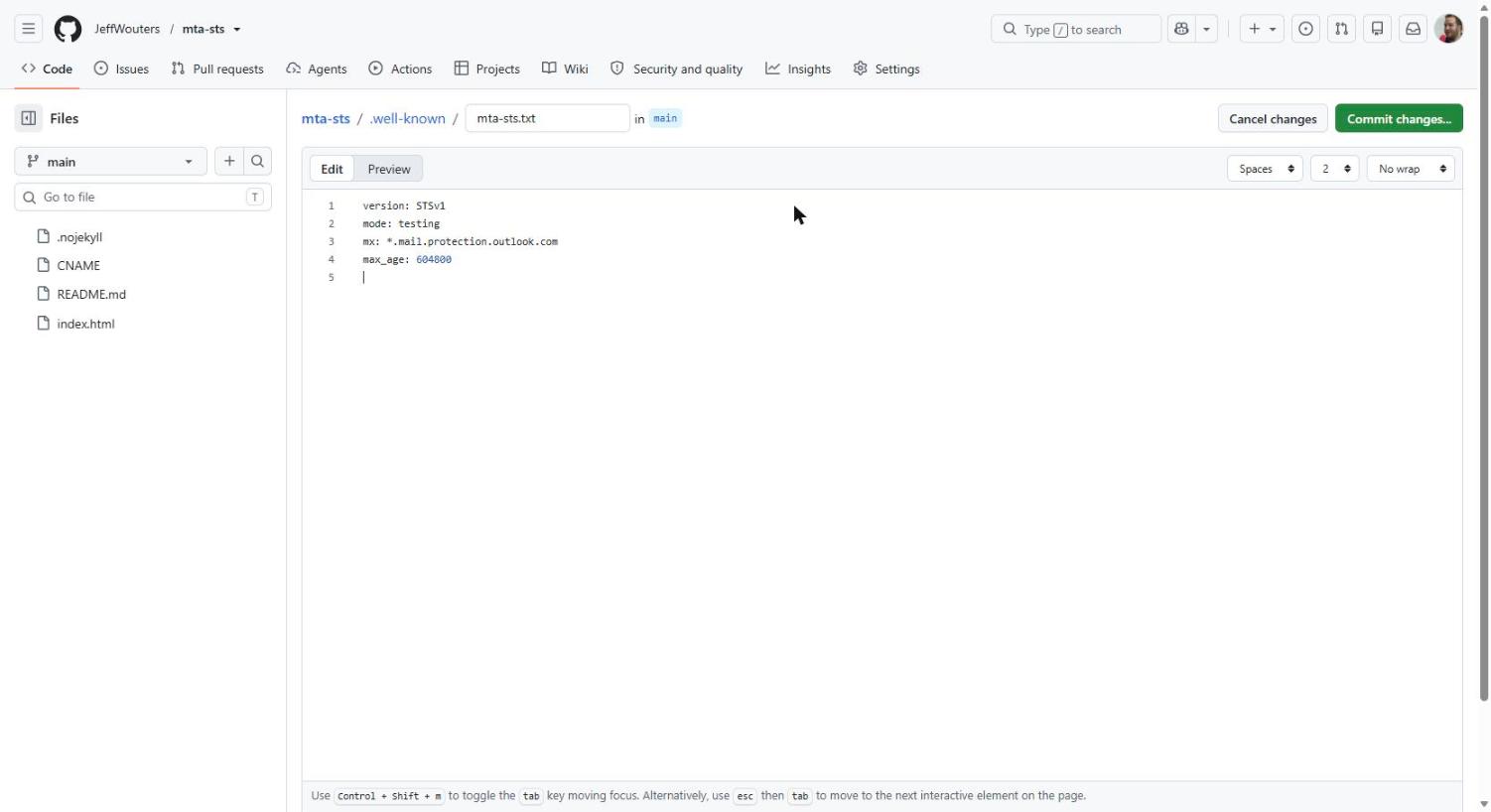Creating .well-known/mta-sts.txt in the GitHub web editor