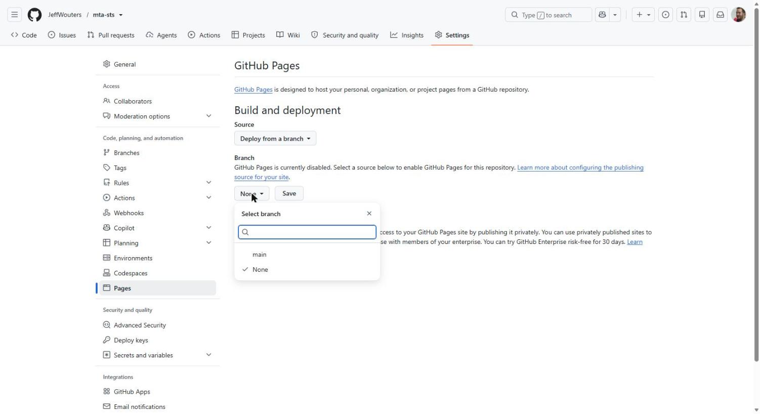 Selecting the main branch as the GitHub Pages source