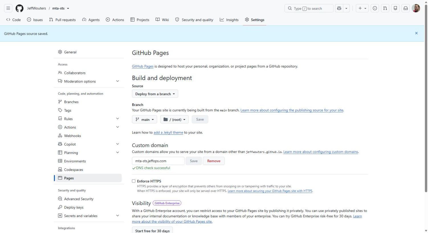 GitHub Pages showing the custom domain mta-sts.jeffops.com with DNS check successful