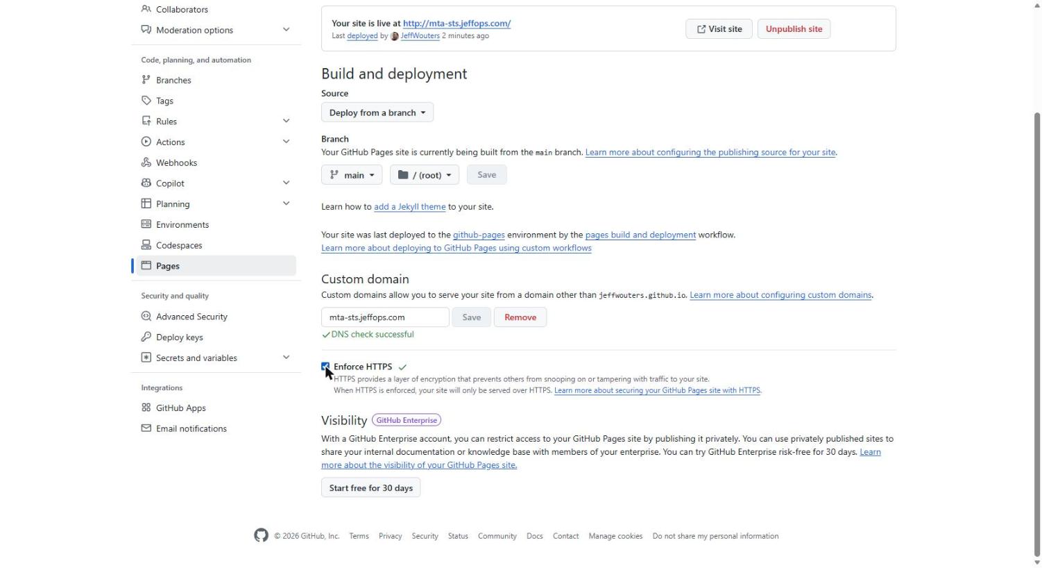 Enforce HTTPS enabled on the GitHub Pages settings