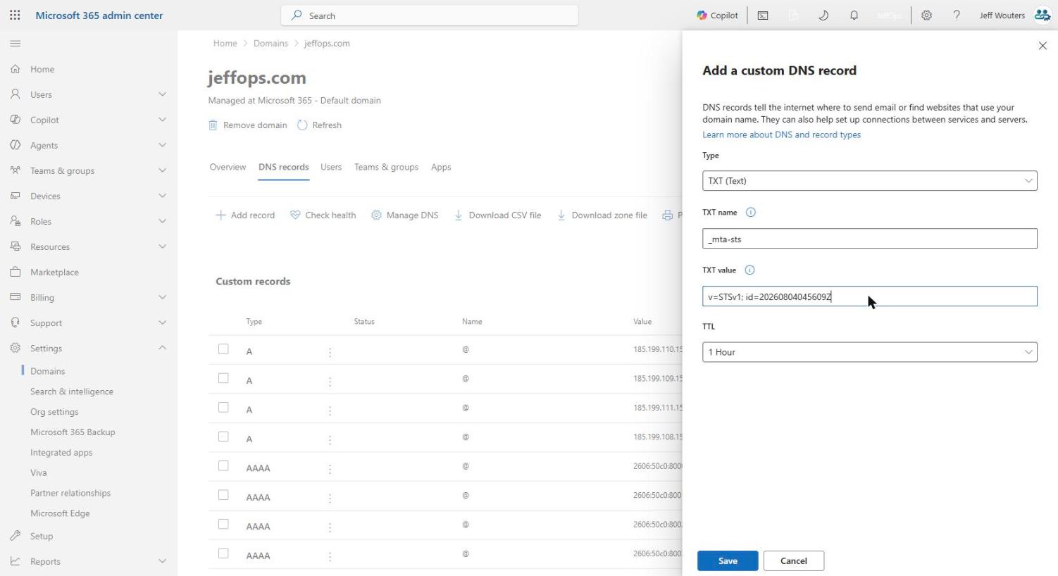 Adding the _mta-sts TXT record in the Microsoft 365 admin centre