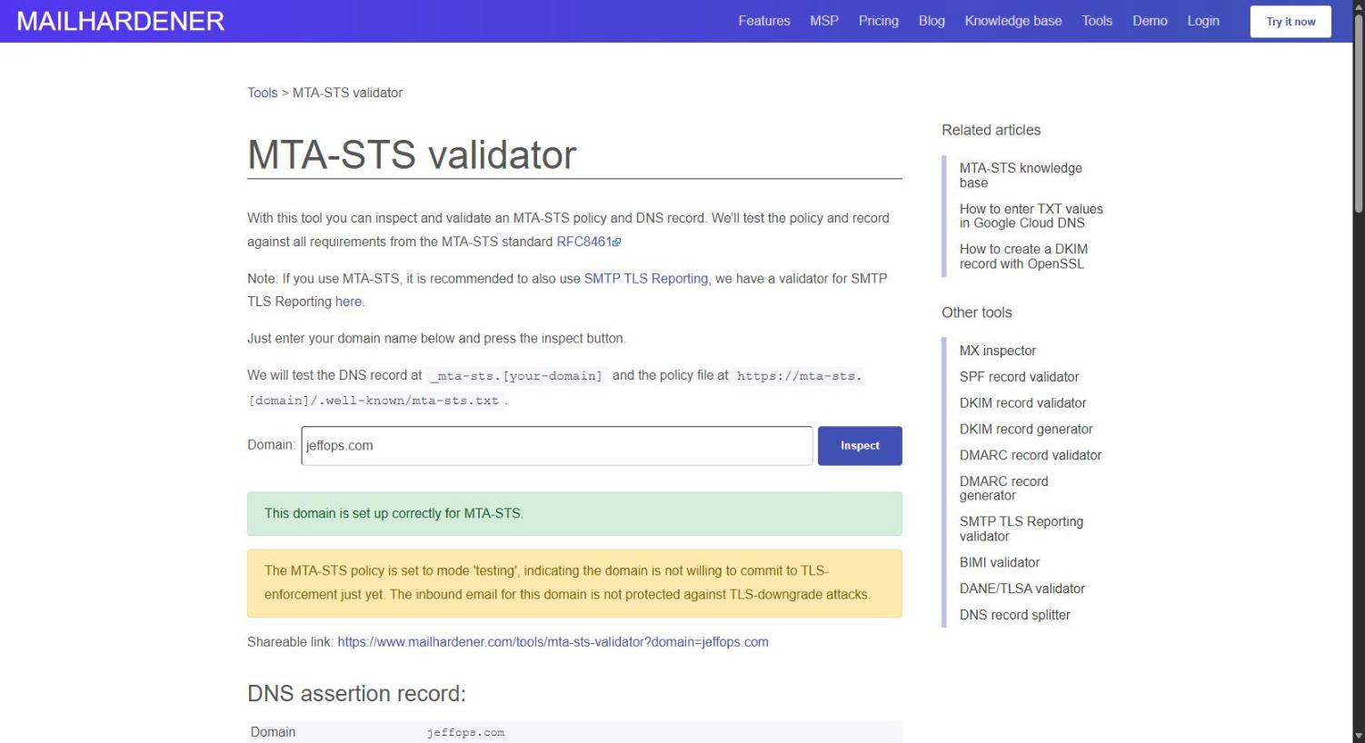 Mailhardener MTA-STS validator reporting the domain is set up correctly