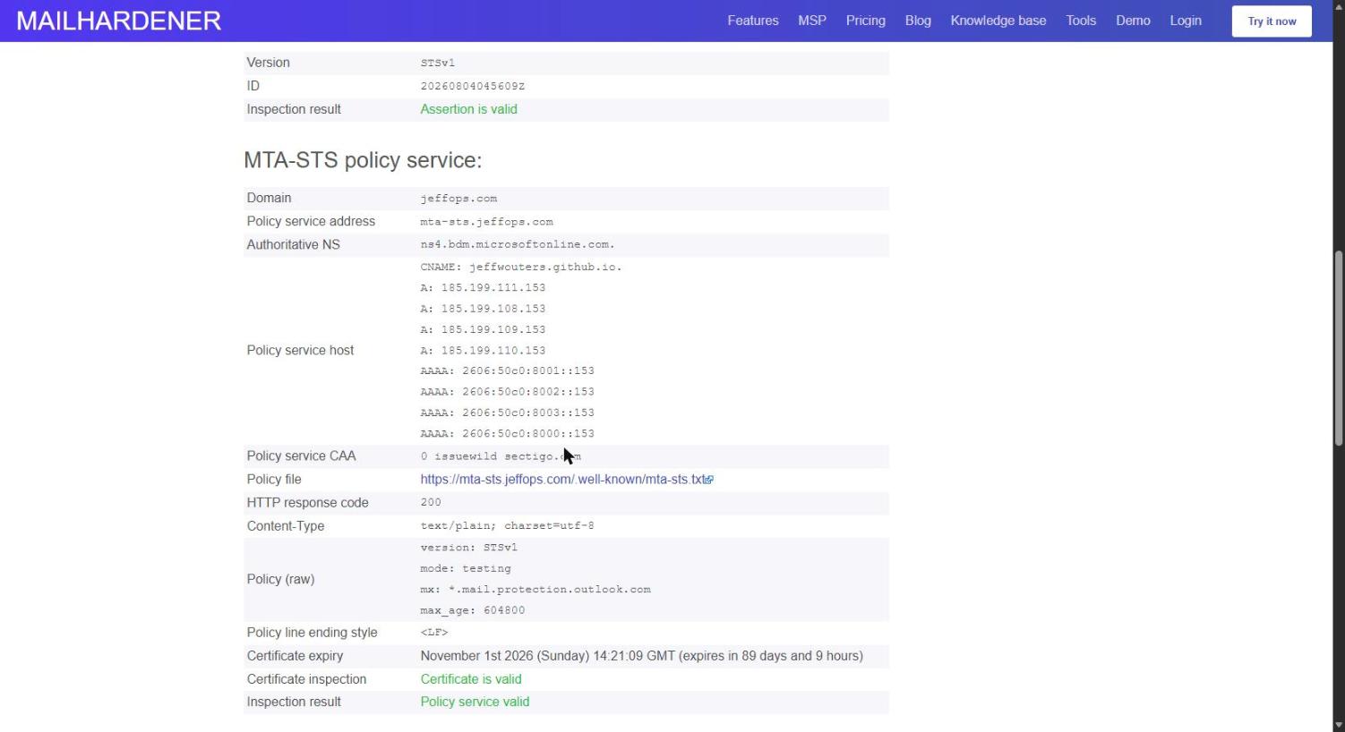 The validator's detailed report showing policy service valid and certificate valid